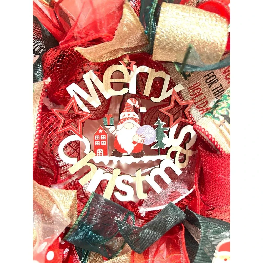 Handmade 13 inch Merry Christmas Gnome Ribbon Wreath MW4